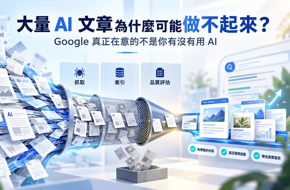 AI 文章怎麼做 SEO？Google 最新 AI 內容指南、人工查核與大量產文風險、文章封面